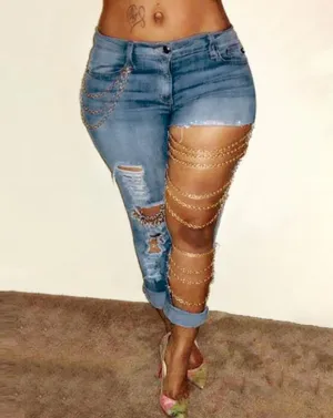 Women's Jeans Chic Ripped-Up Skinny Jeans with Delicate Chains Embelished Cutout Ripped Denim Skinny Pants Female Clothing Y2K Outfits