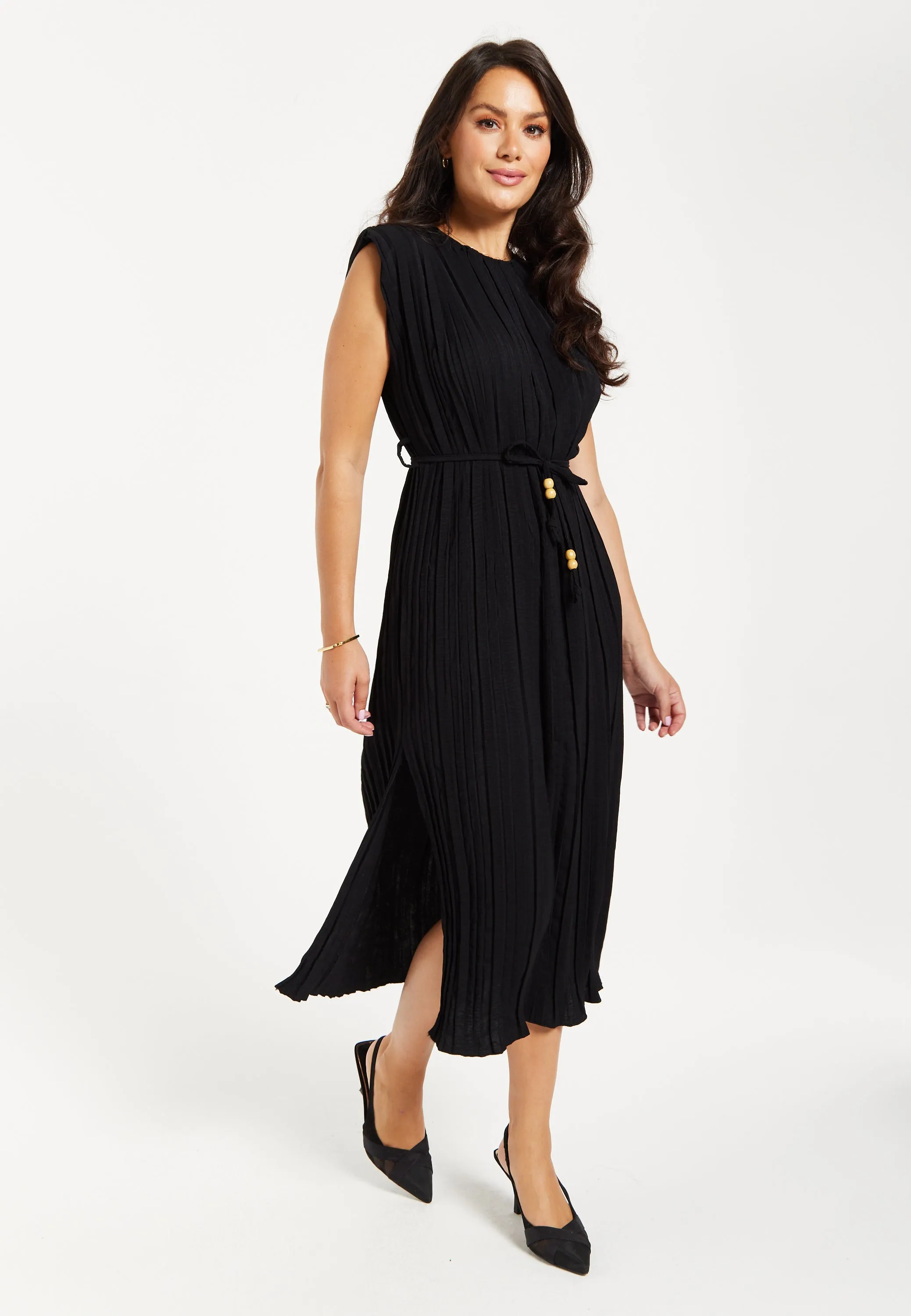 Women's Midi Dress with Short Sleeves in Black, Pleated Design and Waist Tie, Perfect for Any Occasion - Liquorish