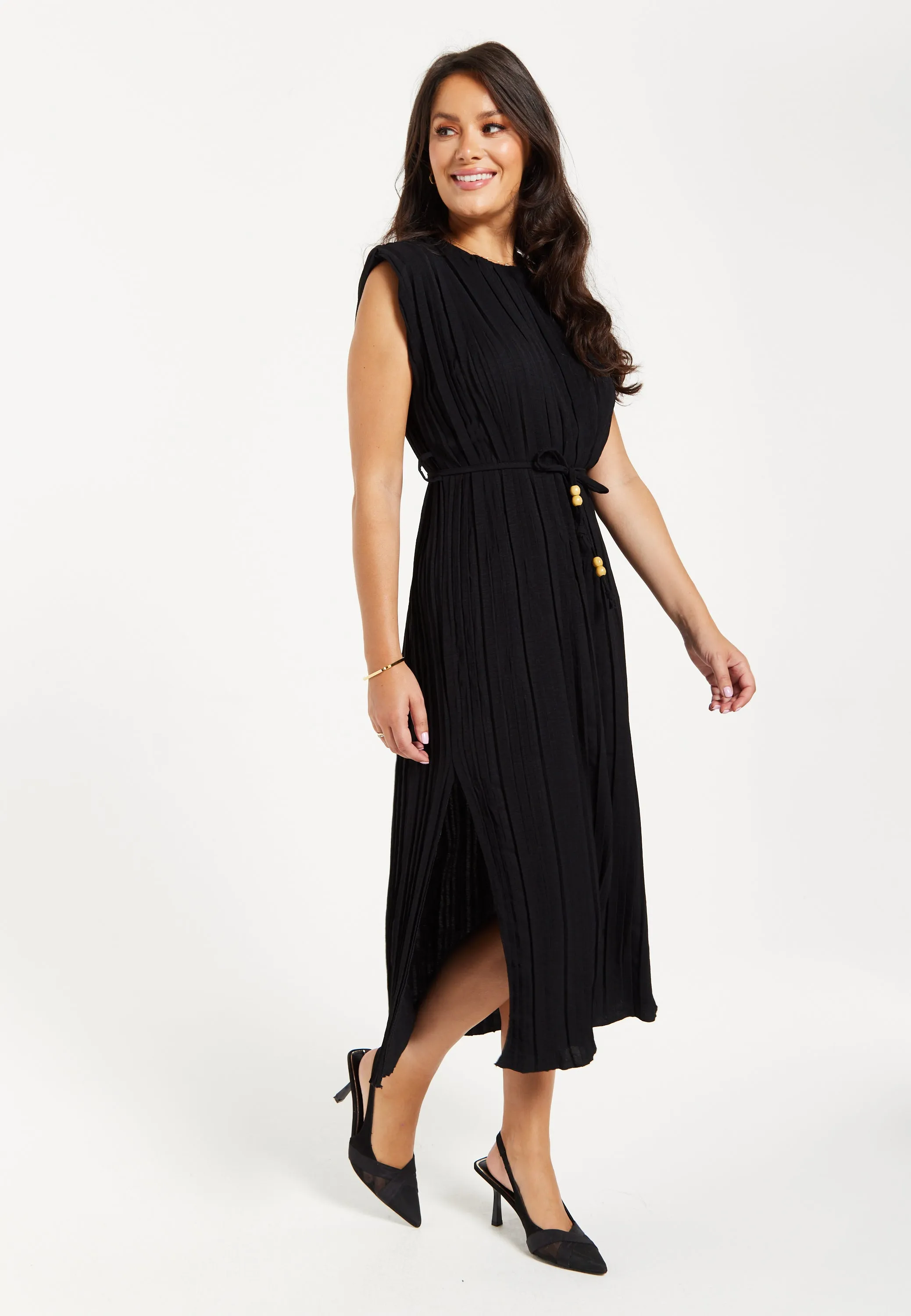 Women's Midi Dress with Short Sleeves in Black, Pleated Design and Waist Tie, Perfect for Any Occasion - Liquorish
