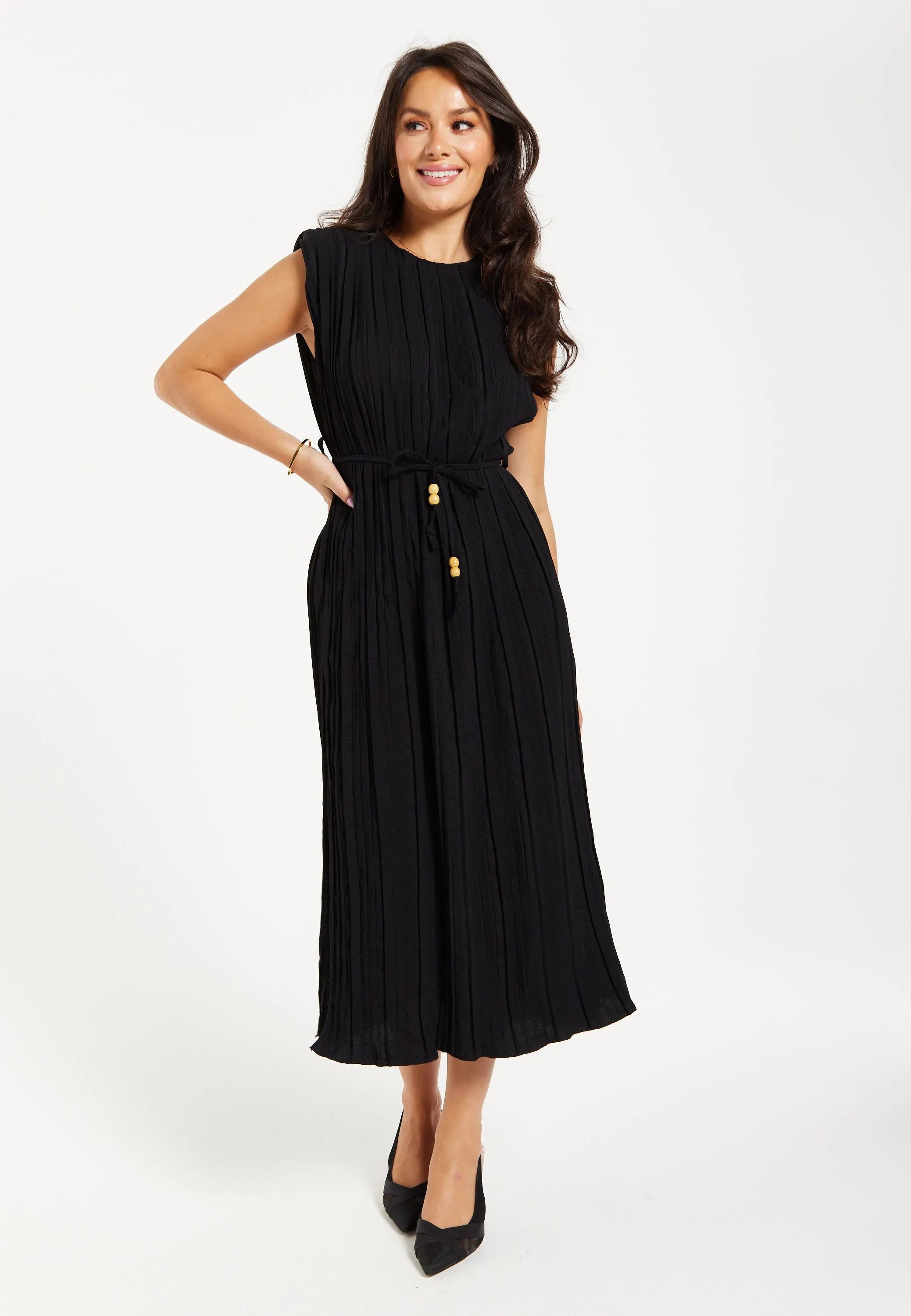 Women's Midi Dress with Short Sleeves in Black, Pleated Design and Waist Tie, Perfect for Any Occasion - Liquorish