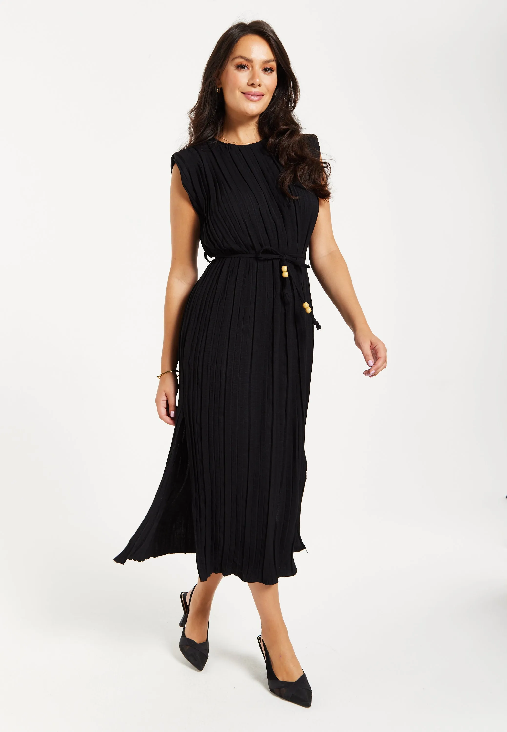 Women's Midi Dress with Short Sleeves in Black, Pleated Design and Waist Tie, Perfect for Any Occasion - Liquorish