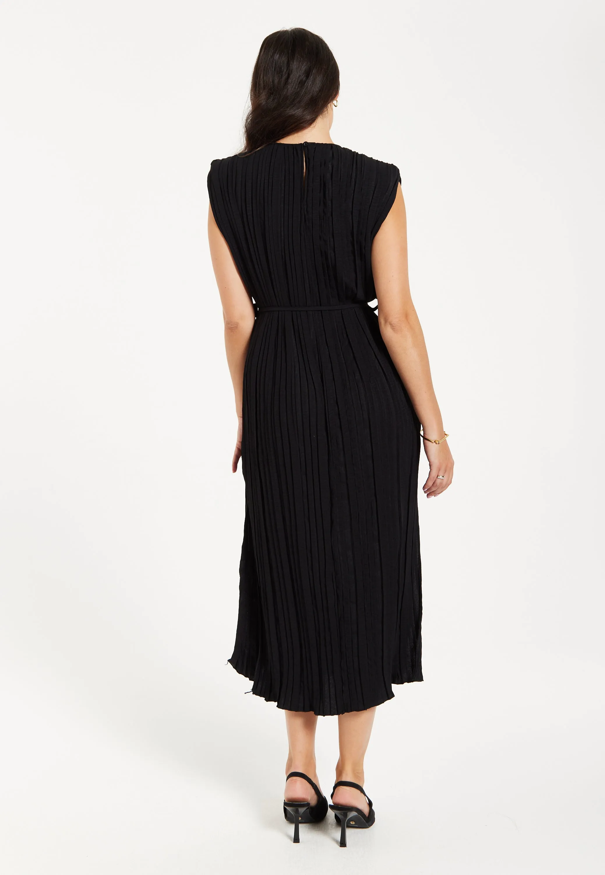 Women's Midi Dress with Short Sleeves in Black, Pleated Design and Waist Tie, Perfect for Any Occasion - Liquorish