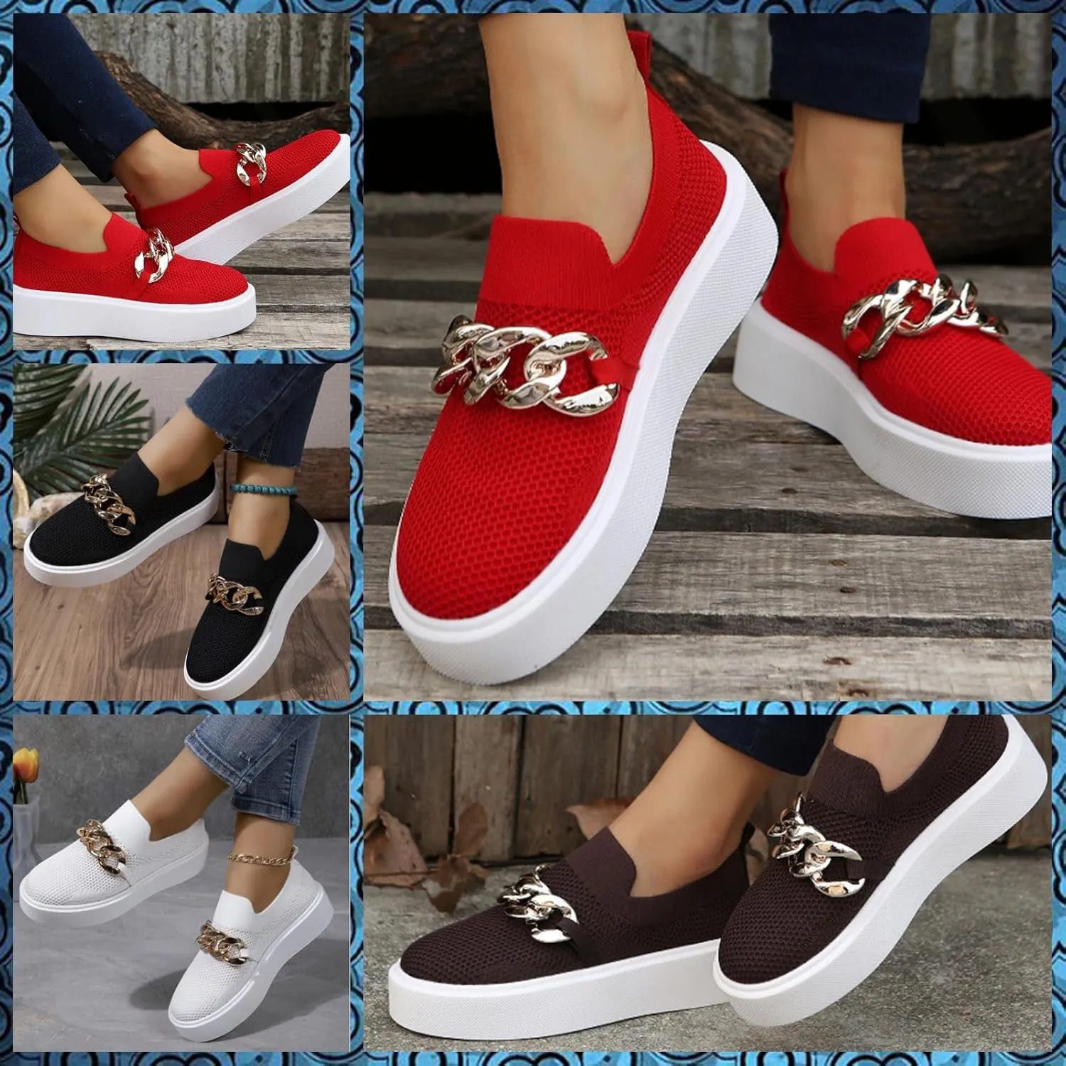 Women's Platform Slip-On Sneakers  Fashion Breathable Mesh Walking Shoes with Metal Chain, Lightweight Wedge Loafers for Nurses, Standing All Day, Orthopedic Casual Work Shoes