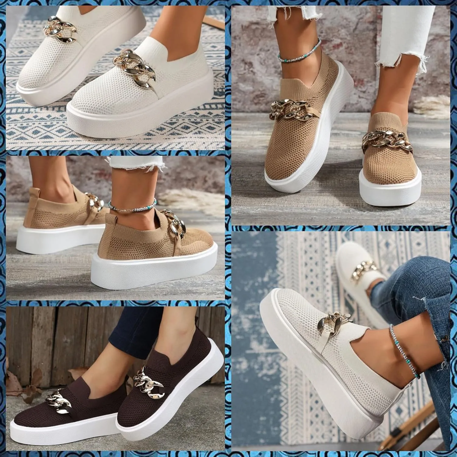 Women's Platform Slip-On Sneakers  Fashion Breathable Mesh Walking Shoes with Metal Chain, Lightweight Wedge Loafers for Nurses, Standing All Day, Orthopedic Casual Work Shoes
