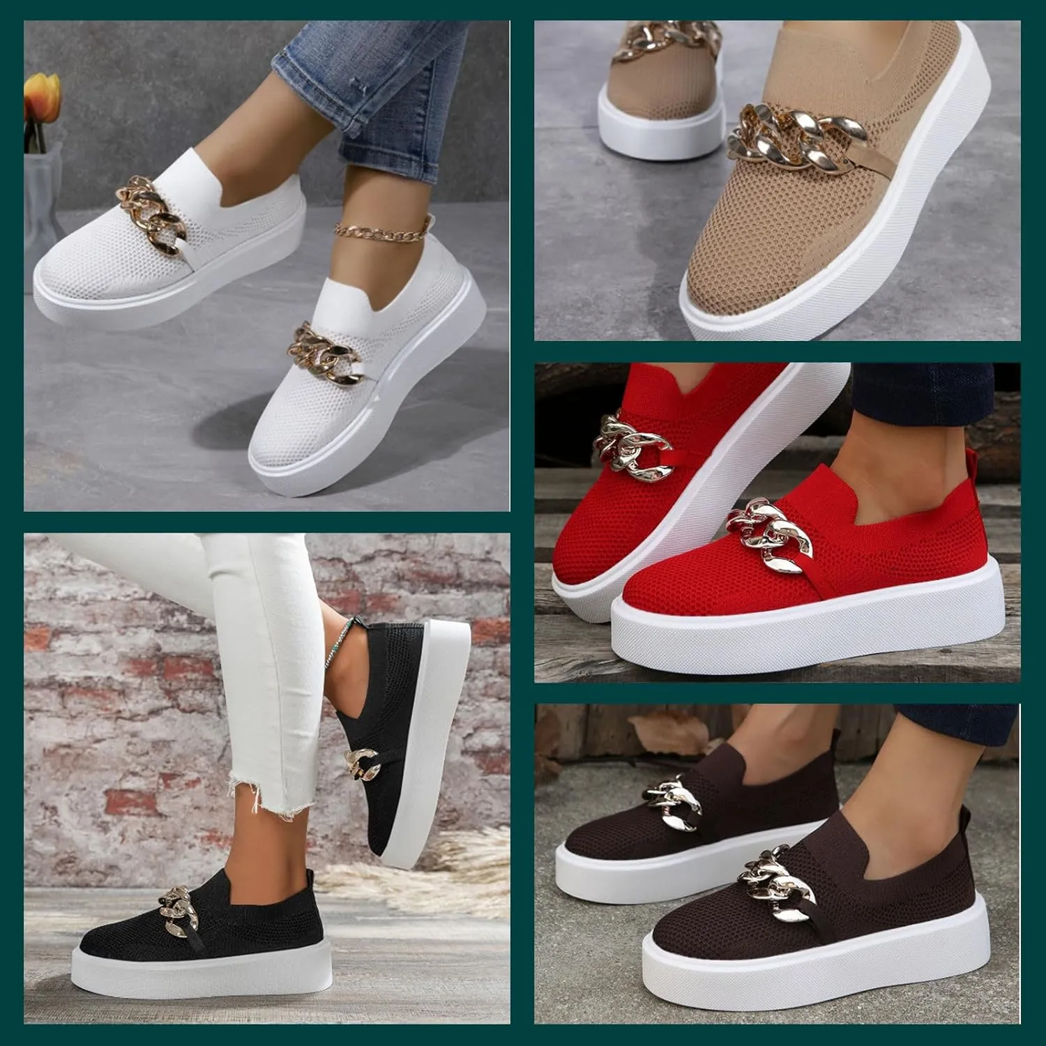 Women's Platform Slip-On Sneakers  Fashion Breathable Mesh Walking Shoes with Metal Chain, Lightweight Wedge Loafers for Nurses, Standing All Day, Orthopedic Casual Work Shoes