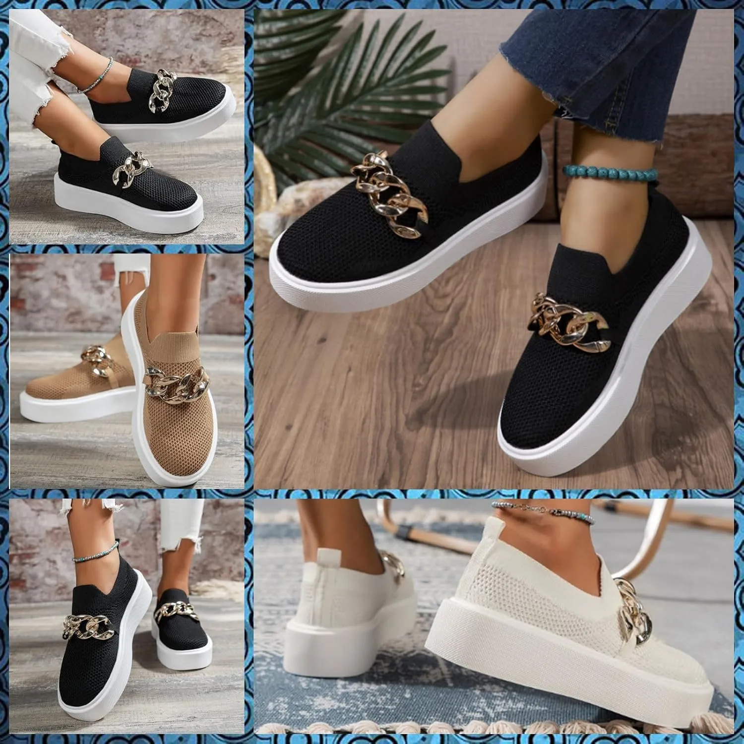 Women's Platform Slip-On Sneakers  Fashion Breathable Mesh Walking Shoes with Metal Chain, Lightweight Wedge Loafers for Nurses, Standing All Day, Orthopedic Casual Work Shoes