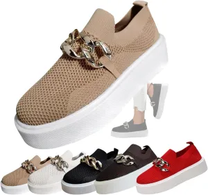 Women's Platform Slip-On Sneakers  Fashion Breathable Mesh Walking Shoes with Metal Chain, Lightweight Wedge Loafers for Nurses, Standing All Day, Orthopedic Casual Work Shoes