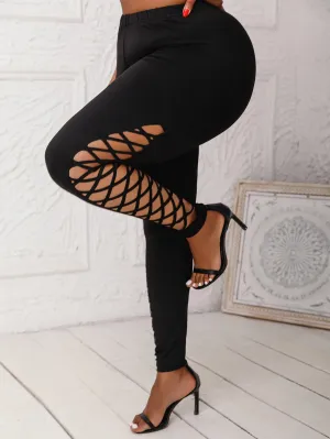 Women’s Sexy Plus Size Mid-Waisted Black Stretchy Lattice Cutout  Leggings