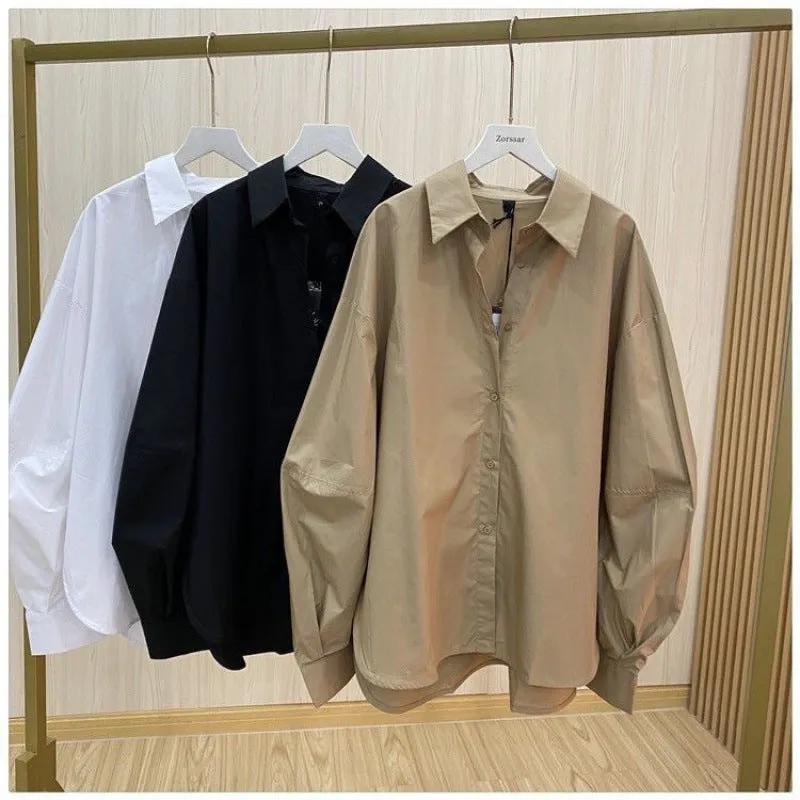 Women's Solid Color Retro Casual Long Sleeve Loose Shirt
