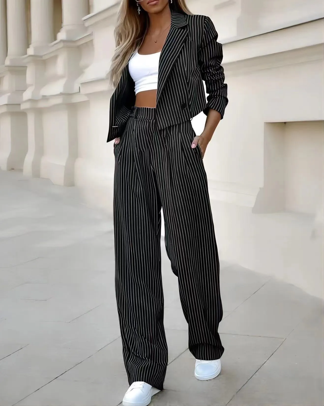 Women's Spring Fashion Striped Suits Casual Lapel Long Sleeve Cropped Top And Straight Pants Outfits Women's Clothing