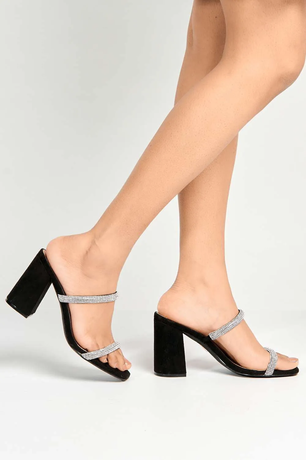 Zayah Diamante Straps Block Heel Mule in Black Suede