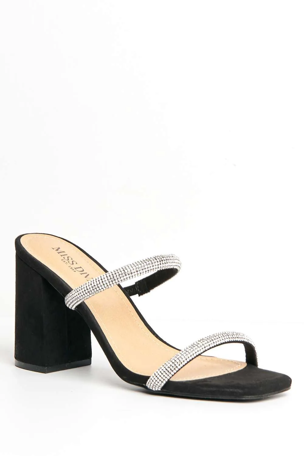 Zayah Diamante Straps Block Heel Mule in Black Suede