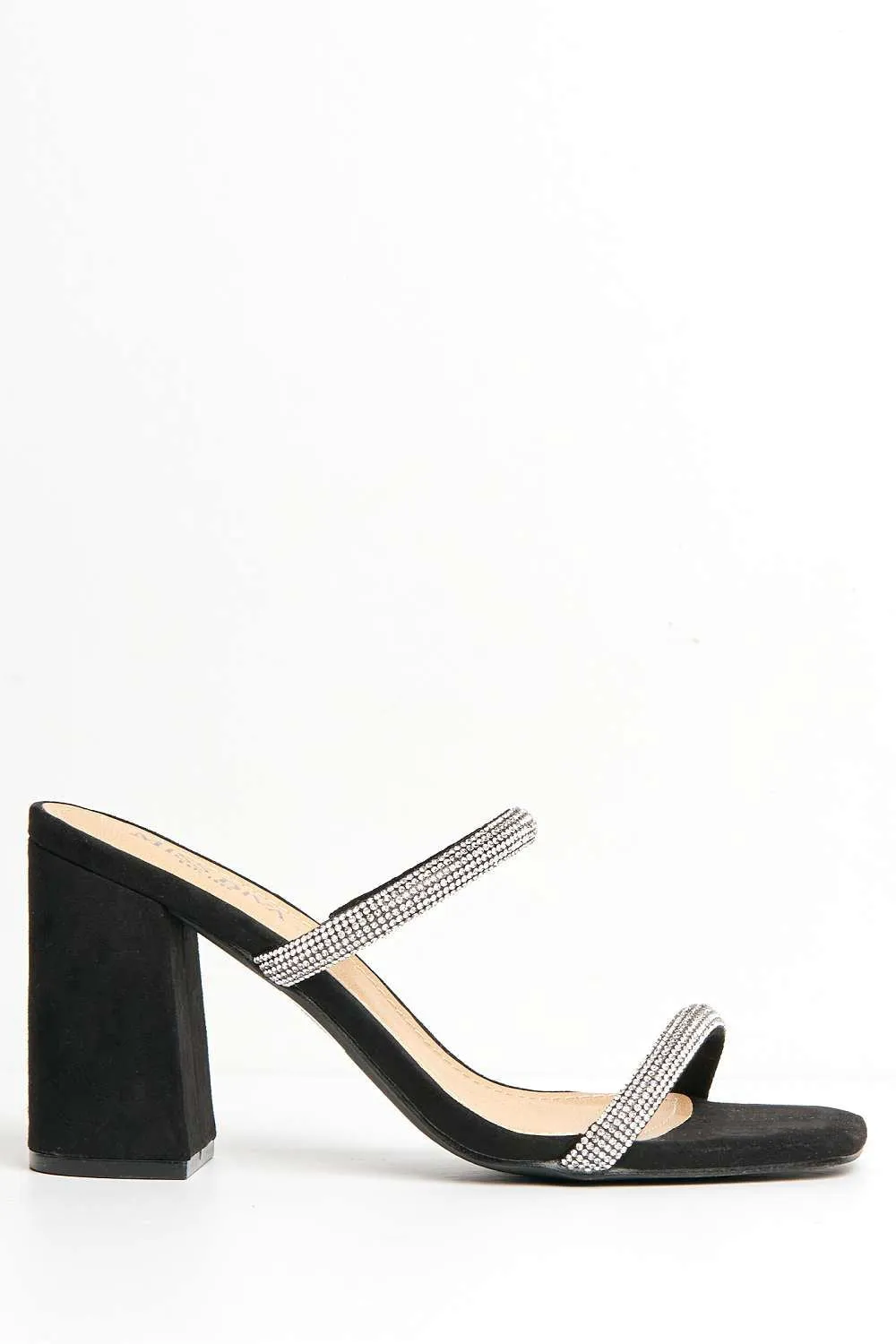 Zayah Diamante Straps Block Heel Mule in Black Suede