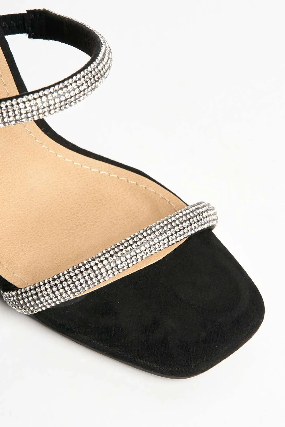 Zayah Diamante Straps Block Heel Mule in Black Suede